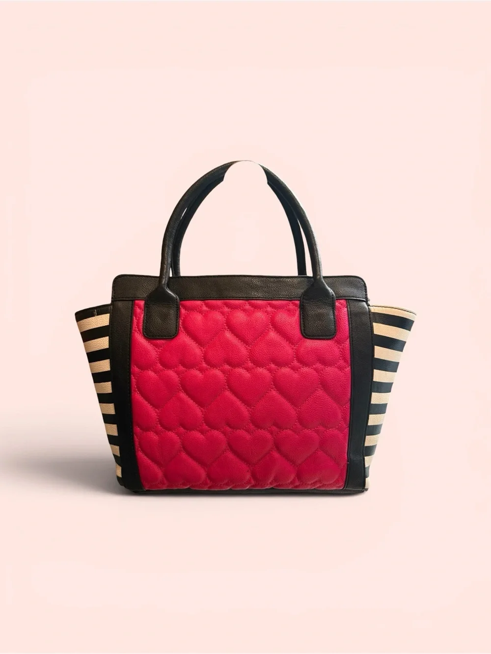 Betsey Johnson Quilted Pink Heart Tote Bag with Black and White Striped Sides